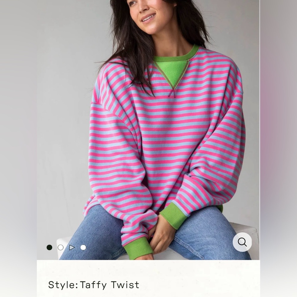 Women’s Natural Life Striped Pink and Blue Crewneck Sweater with Green Trim